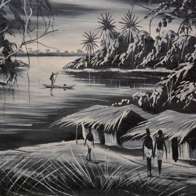 Vintage Hand Painted Black and White Painting on Canvas Wall Art Signed Yamba 1961 Congo