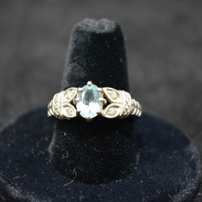 925 Sterling Filigree & Aqua Marine Ring Size 9 3.8g