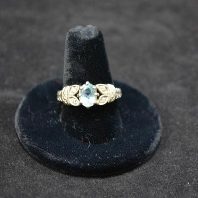 925 Sterling Filigree & Aqua Marine Ring Size 9 3.8g