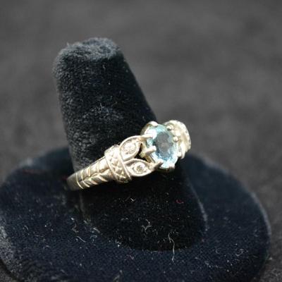 925 Sterling Filigree & Aqua Marine Ring Size 9 3.8g