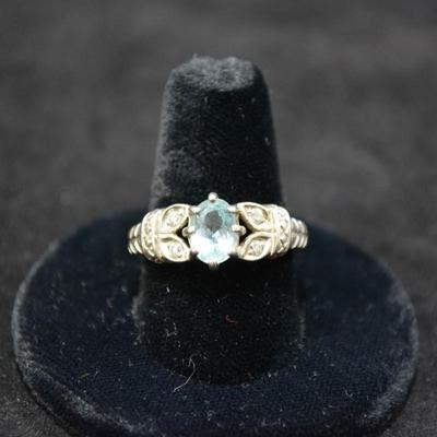 925 Sterling Filigree & Aqua Marine Ring Size 9 3.8g