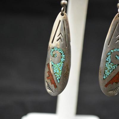 Sterling Turquoise & Coral Chip Drop Earrings 6.3g