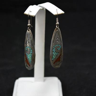 Sterling Turquoise & Coral Chip Drop Earrings 6.3g