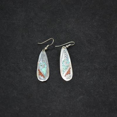 Sterling Turquoise & Coral Chip Drop Earrings 6.3g