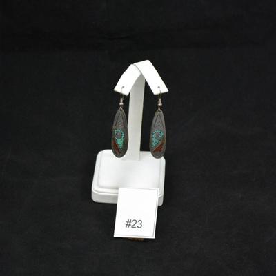 Sterling Turquoise & Coral Chip Drop Earrings 6.3g