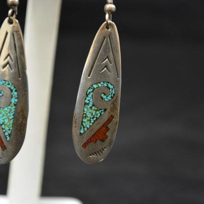 Sterling Turquoise & Coral Chip Drop Earrings 6.3g