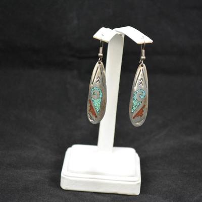 Sterling Turquoise & Coral Chip Drop Earrings 6.3g