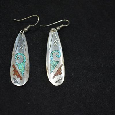 Sterling Turquoise & Coral Chip Drop Earrings 6.3g