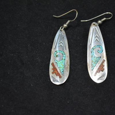 Sterling Turquoise & Coral Chip Drop Earrings 6.3g