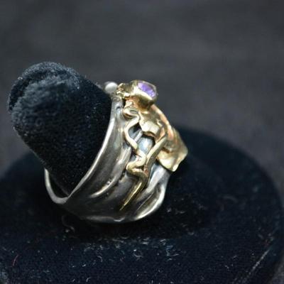 14k & 925 Sterling with Amethyst Deco Ring Size 8.5 8.1g
