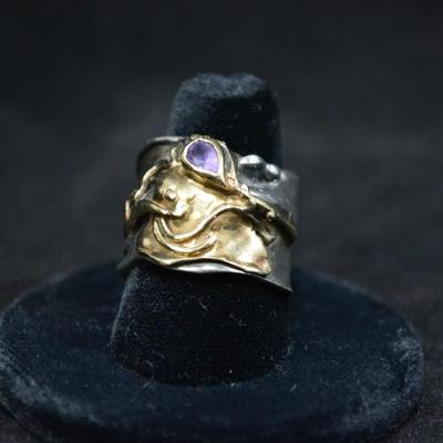 14k & 925 Sterling with Amethyst Deco Ring Size 8.5 8.1g