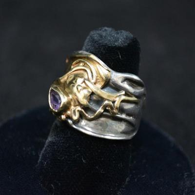 14k & 925 Sterling with Amethyst Deco Ring Size 8.5 8.1g