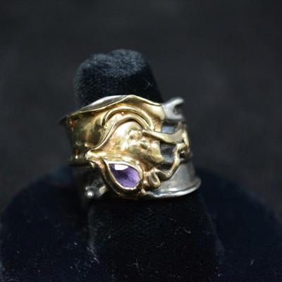 14k & 925 Sterling with Amethyst Deco Ring Size 8.5 8.1g
