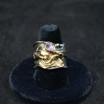 14k & 925 Sterling with Amethyst Deco Ring Size 8.5 8.1g