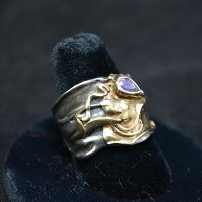 14k & 925 Sterling with Amethyst Deco Ring Size 8.5 8.1g