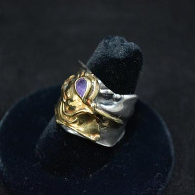 14k & 925 Sterling with Amethyst Deco Ring Size 8.5 8.1g