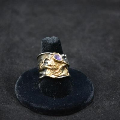 14k & 925 Sterling with Amethyst Deco Ring Size 8.5 8.1g