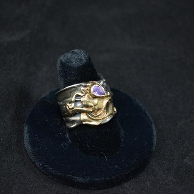 14k & 925 Sterling with Amethyst Deco Ring Size 8.5 8.1g