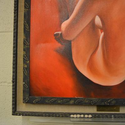 Vintage Framed "Red Nude" Figure Drawing on Cloth Canvas Signed Neely