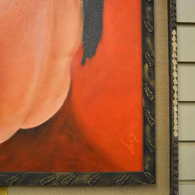 Vintage Framed "Red Nude" Figure Drawing on Cloth Canvas Signed Neely