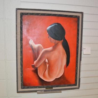 Vintage Framed "Red Nude" Figure Drawing on Cloth Canvas Signed Neely