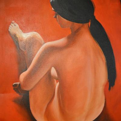 Vintage Framed "Red Nude" Figure Drawing on Cloth Canvas Signed Neely
