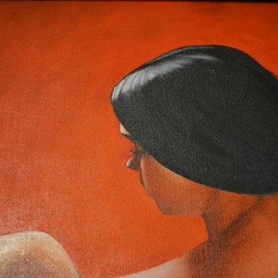 Vintage Framed "Red Nude" Figure Drawing on Cloth Canvas Signed Neely