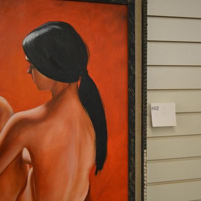 Vintage Framed "Red Nude" Figure Drawing on Cloth Canvas Signed Neely