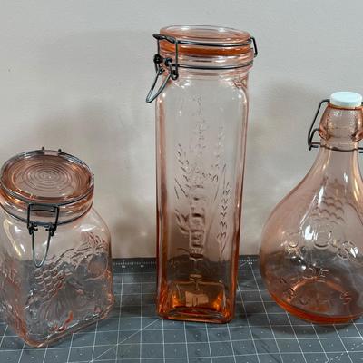 Pink Embossed Glass: Vase, Lidded Jar and Spaghetti 