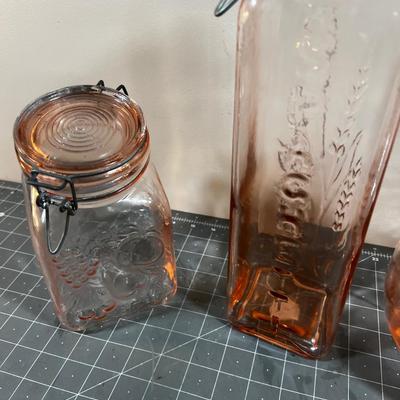 Pink Embossed Glass: Vase, Lidded Jar and Spaghetti 