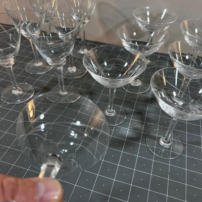 Crystal Wine and Martini / Champagne Glasses Etched, free flow pattern