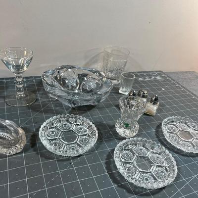 Lots of Glass; Ashtray, S&P, Small Salt Cellar, Clock, Coasters, ETC.>