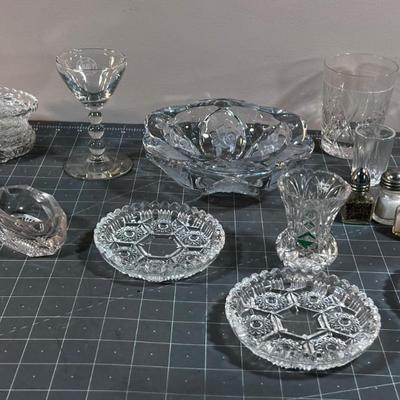 Lots of Glass; Ashtray, S&P, Small Salt Cellar, Clock, Coasters, ETC.>