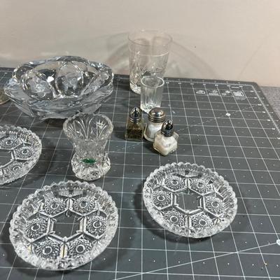 Lots of Glass; Ashtray, S&P, Small Salt Cellar, Clock, Coasters, ETC.>