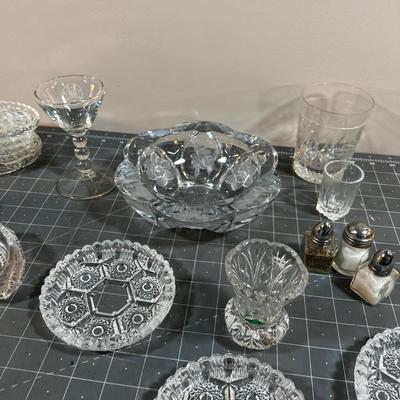 Lots of Glass; Ashtray, S&P, Small Salt Cellar, Clock, Coasters, ETC.>