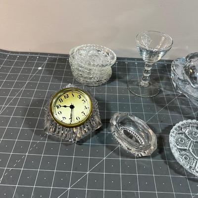 Lots of Glass; Ashtray, S&P, Small Salt Cellar, Clock, Coasters, ETC.>