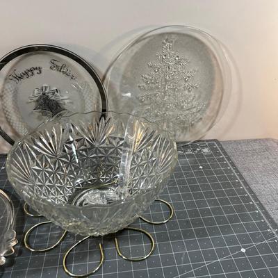 Glass Holiday Serving Platters and Punch Bowl