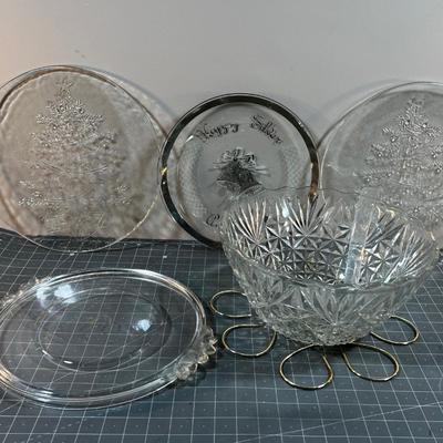 Glass Holiday Serving Platters and Punch Bowl