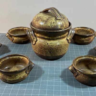 Studio Art Pottery: Matching  Soup Tureen with lid  and 6 Bowls 