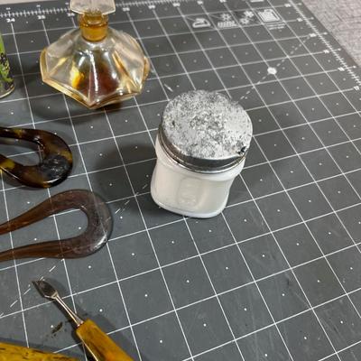 Dresser Top Items: Watch, Talcum Power, Nail Set, Makeup Jars etc.