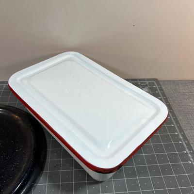 Pair of Graniteware Pieces 2 White Box and Blue Skillet 