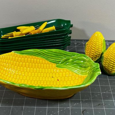 CORN Lot: Corn Holders, Corn Dishes and Dish Plus Salt & Pepper Corns