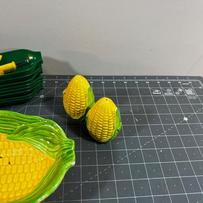 CORN Lot: Corn Holders, Corn Dishes and Dish Plus Salt & Pepper Corns