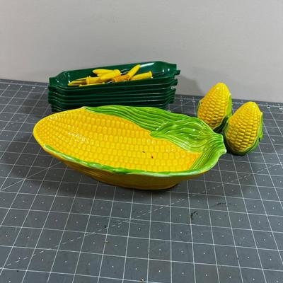CORN Lot: Corn Holders, Corn Dishes and Dish Plus Salt & Pepper Corns