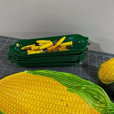CORN Lot: Corn Holders, Corn Dishes and Dish Plus Salt & Pepper Corns