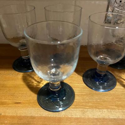 7 Hand Blown Glass Goblets Blue Bases