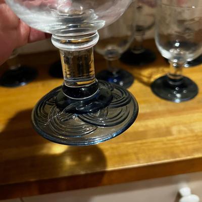 7 Hand Blown Glass Goblets Blue Bases