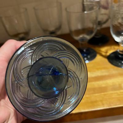 7 Hand Blown Glass Goblets Blue Bases