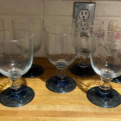 7 Hand Blown Glass Goblets Blue Bases