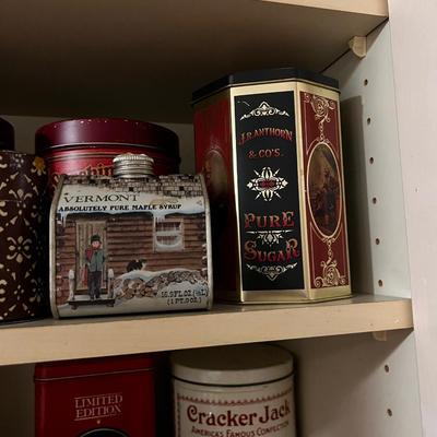 2 Shelves of Decorative Collectible Tins